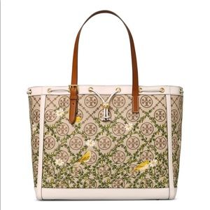 Tory Burch T Monogram Embroidered Tote. Used, handles wear, soiled.